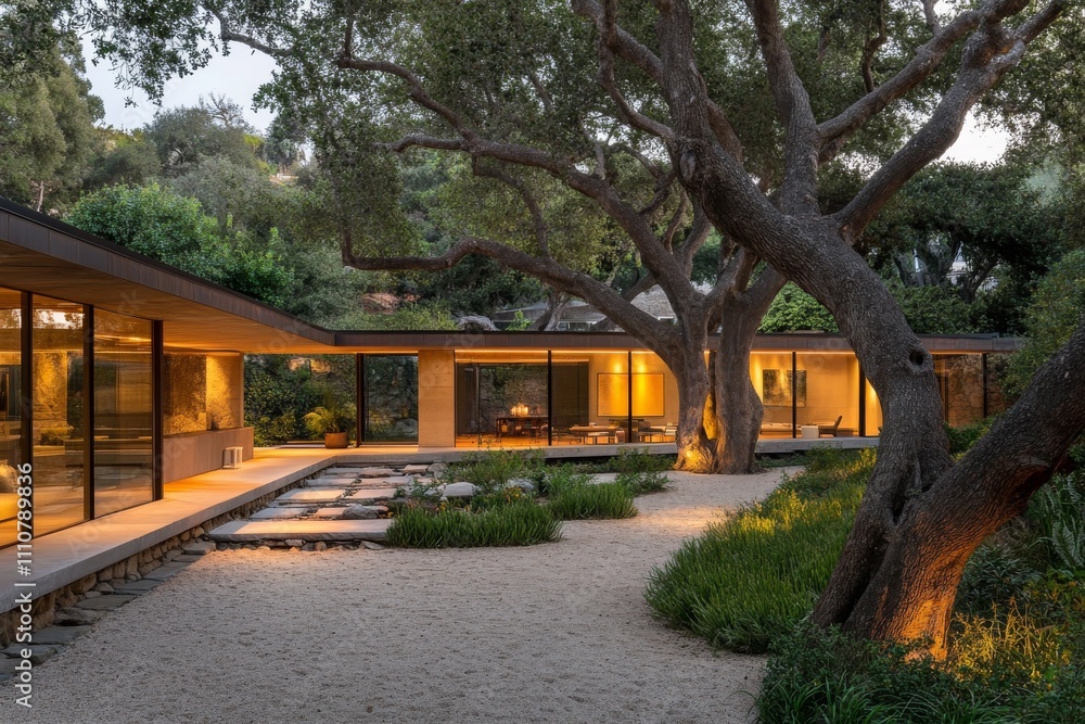 Modern House with Stone Pathway and Lush Greenery at Dusk Modern House with Stone Pathway and Lush Greenery at Dusk