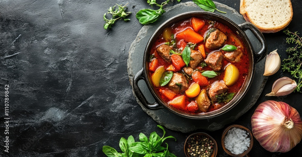 Veal Stewed with Vegetables in Tomato Sauce. AI generated illustration. Veal Stewed with Vegetables in Tomato Sauce. AI generated illustration.
