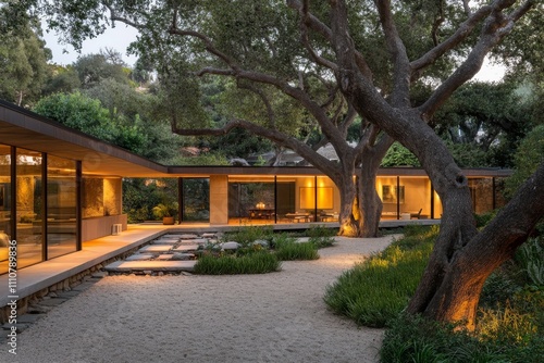 Modern House with Stone Pathway and Lush Greenery at Dusk