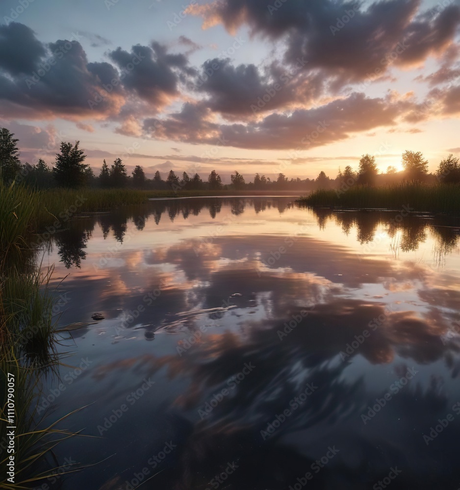 Fototapeta premium Feather and ripples on a pond's surface at dusk with cloud cover, soft, ripples