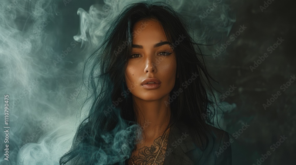 A portrait of a woman with dark hair and tattoos, surrounded by smoke. A portrait of a woman with dark hair and tattoos, surrounded by smoke.