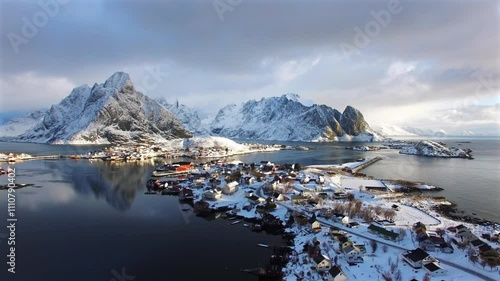 Aerial view of Lofoten island Norway. The winter aerial view of Reine 