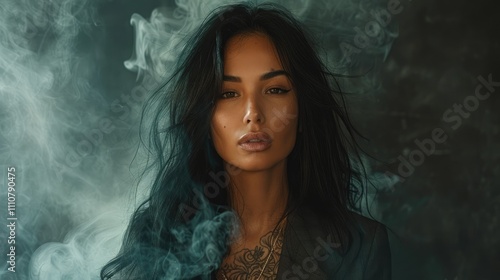 A portrait of a woman with dark hair and tattoos, surrounded by smoke.