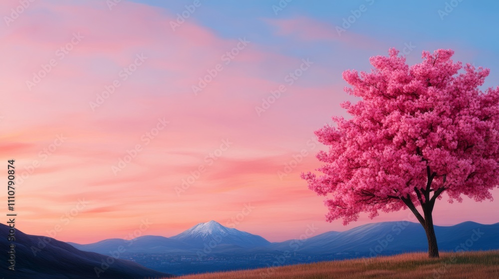 Vibrant cherry tree in full bloom with Mount Vernon visible in the distance under a soft, golden sunset for Washington’s Birthday visuals Vibrant cherry tree in full bloom with Mount Vernon visible in the distance under a soft, golden sunset for Washington’s Birthday visuals