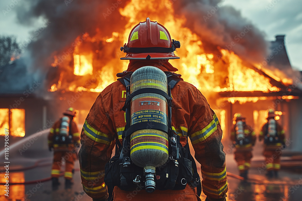 Back view of a group of firefighters running towards a burning house. Firefighter team in full gear goes towards a burning house, dramatic lighting and smoke surrounding them. Back view of a group of firefighters running towards a burning house. Firefighter team in full gear goes towards a burning house, dramatic lighting and smoke surrounding them.