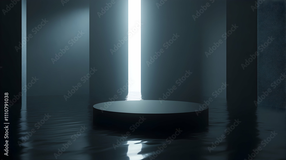Dark room, flooded, cylindrical platform, bright light. Dark room, flooded, cylindrical platform, bright light.