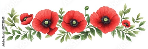 Vivid Red Poppies Isolated on White Background, Featuring Bright Green 