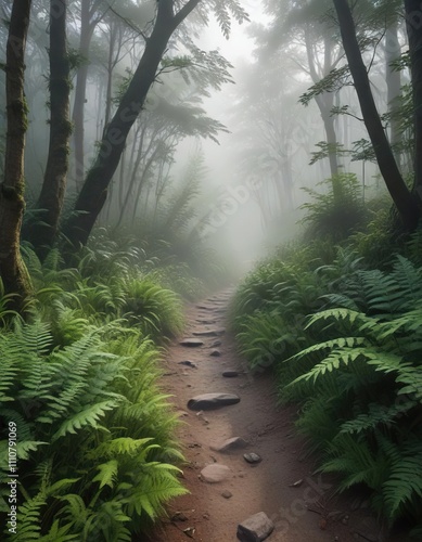 Foggy forest path winding through ferns and shrubs, forest, muddy photo