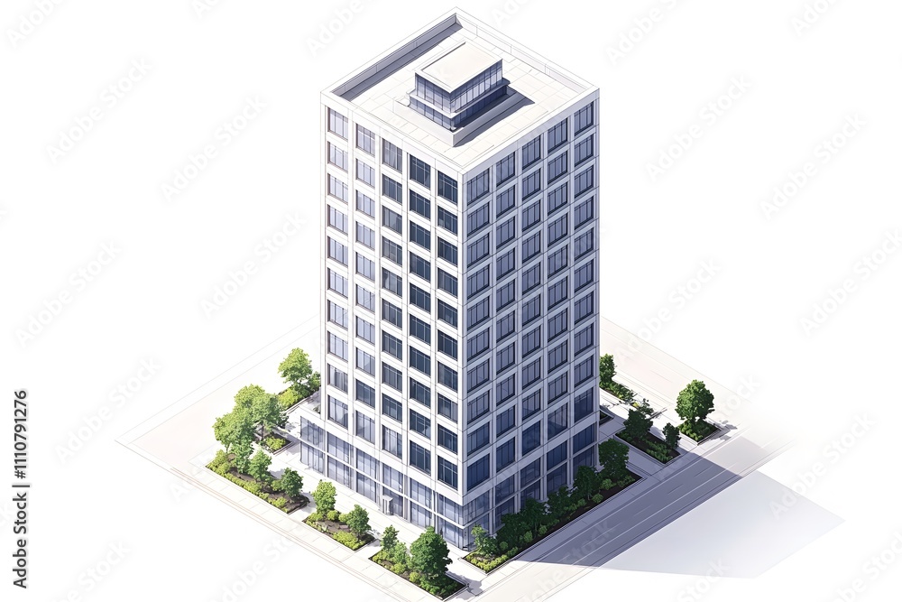 Urban Corporate Office Tower Depicted in Detailed 3D Isometric Illustration Urban Corporate Office Tower Depicted in Detailed 3D Isometric Illustration