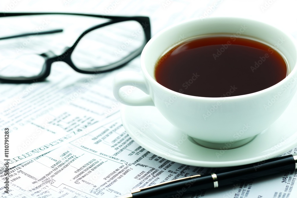 A cup of tea on a desk with paperwork, glasses, and a pen A cup of tea on a desk with paperwork, glasses, and a pen