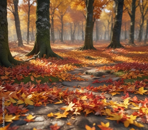 Forest floor covered in vibrant autumn leaves, autumn foliage, tree foliage