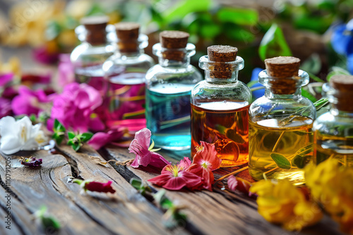 Small bottles of essential oils sitting on a wooden table surrounded by colorful flowers
