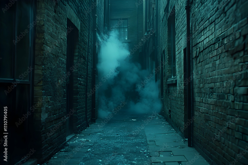 Dark, smoky alleyway between brick buildings. Dark, smoky alleyway between brick buildings.