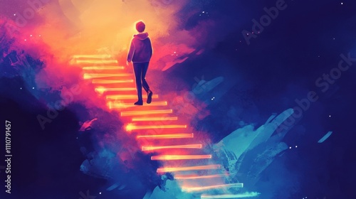 Person Walking Up Glowing Stairs in Ethereal Cosmic Landscape