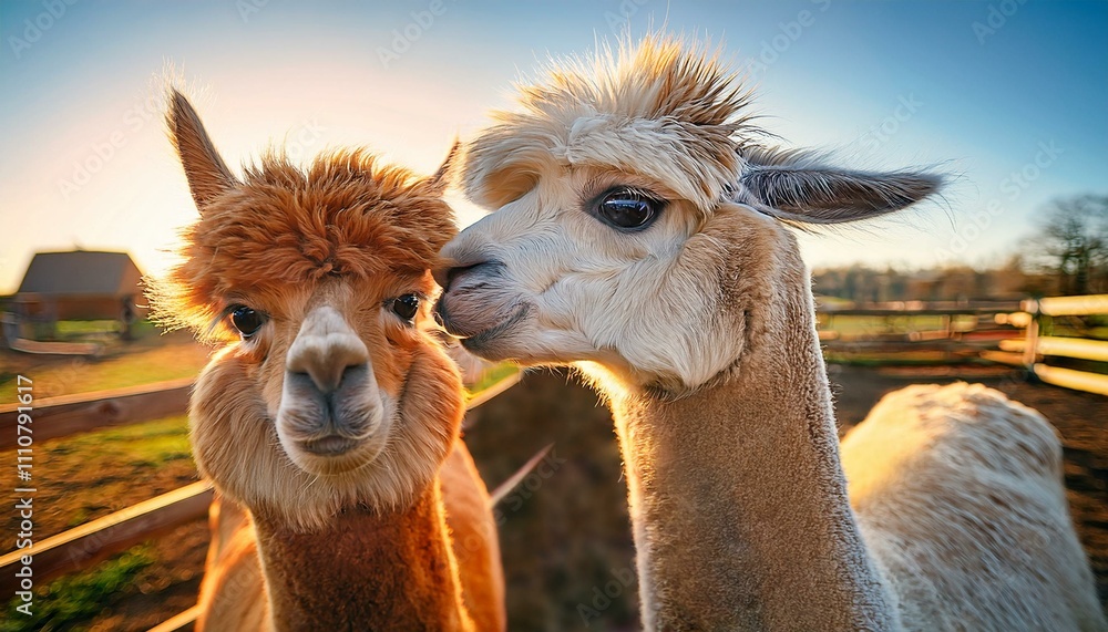 Obraz premium Close-up of two alpacas with cheerful expressions on a sunny farm, showcasing their fluffy fur