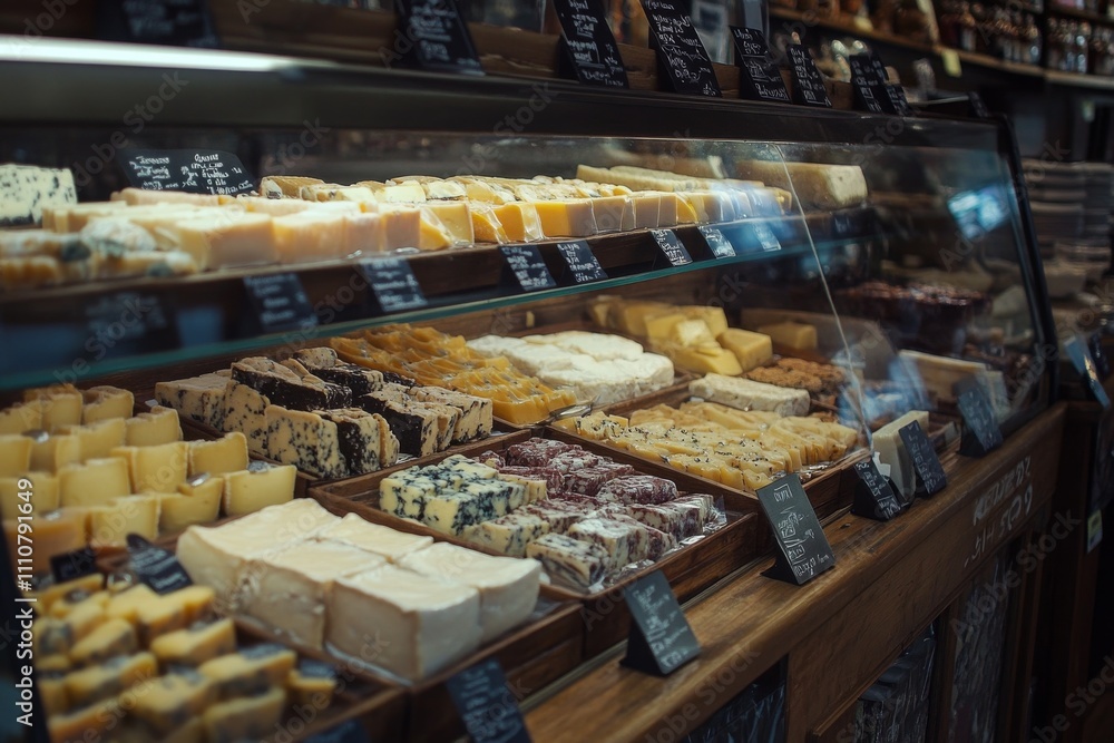 A Diverse Selection of Cheeses Displayed in a Wooden Showcase at a Delicatessen A Diverse Selection of Cheeses Displayed in a Wooden Showcase at a Delicatessen