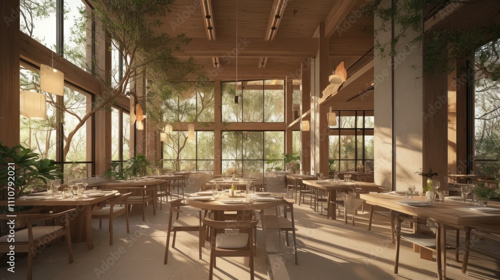 Sunlit restaurant interior with wooden tables, chairs, and large windows showcasing nature views. Sunlit restaurant interior with wooden tables, chairs, and large windows showcasing nature views.