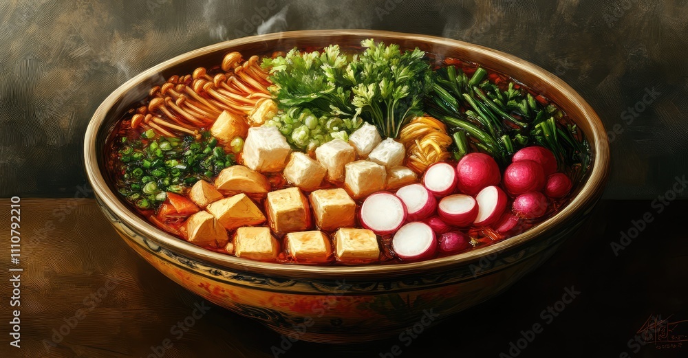 Spicy Winter Vegetable and Tofu Dish. AI generated illustration. Spicy Winter Vegetable and Tofu Dish. AI generated illustration.
