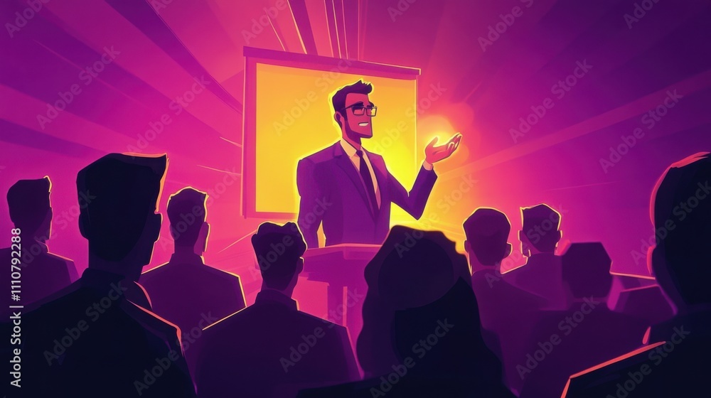 Business Presentation with Speaker and Audience in Colorful Atmosphere Business Presentation with Speaker and Audience in Colorful Atmosphere