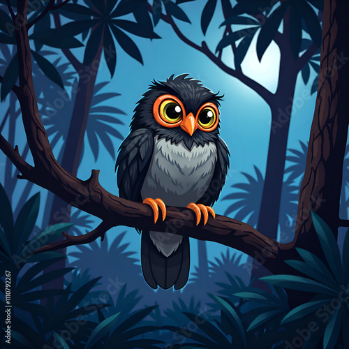 A whimsical owl perched in a moonlit jungle surrounded by lush foliage, digital art of fantasy concept. photo