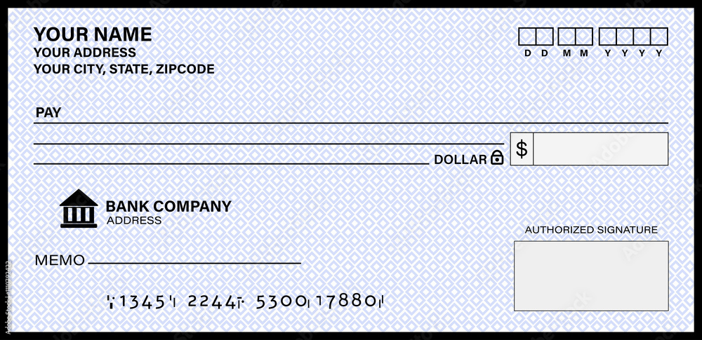 Blank Cheque template of the bank. Checkbook cheque page with empty fields to fill. Blank Cheque template of the bank. Checkbook cheque page with empty fields to fill.