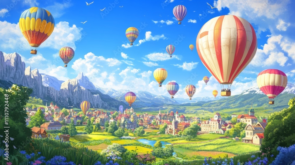 Obraz premium Colorful hot air balloons soaring above a serene village, surrounded by lush greenery and majestic mountains under a clear blue sky