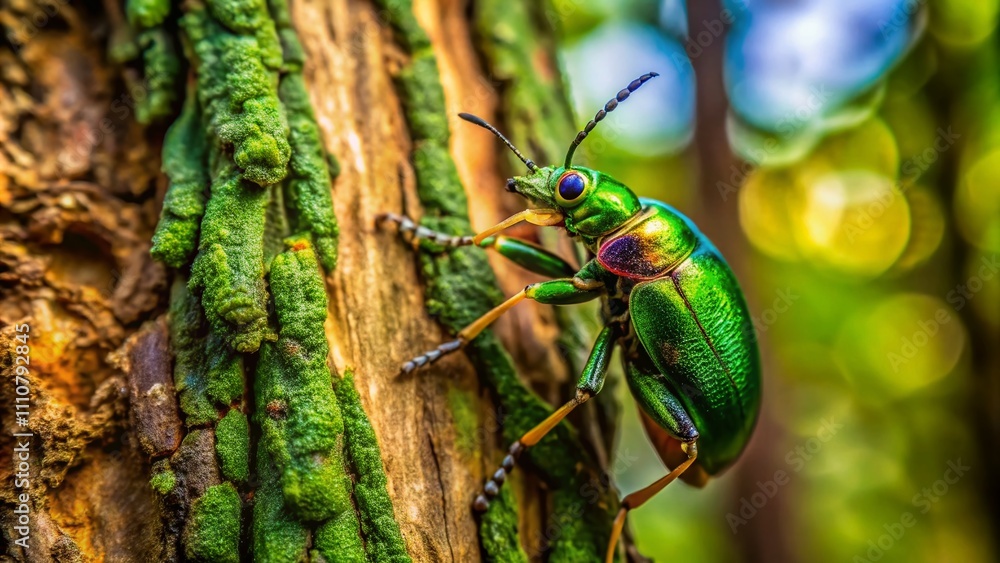 Stunning Macro Photography of Tree Climber Insects Scaling a Lush Green Tree Bark, Capturing Nature's Intricate Details and Vibrant Colors in an Enchanting Forest Setting Stunning Macro Photography of Tree Climber Insects Scaling a Lush Green Tree Bark, Capturing Nature's Intricate Details and Vibrant Colors in an Enchanting Forest Setting