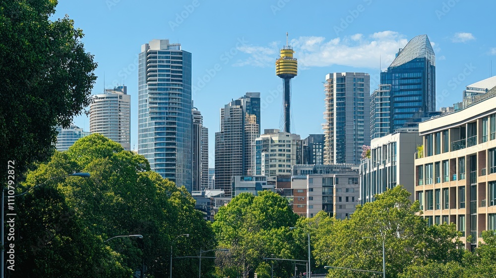 Fototapeta premium Cityscape with skyscrapers, tower, and lush green trees under a clear blue sky.