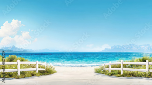 Wallpaper Mural Serene beach scene with ocean views and clear blue skies, featuring white fences and lush greenery. perfect escape into nature beauty Torontodigital.ca