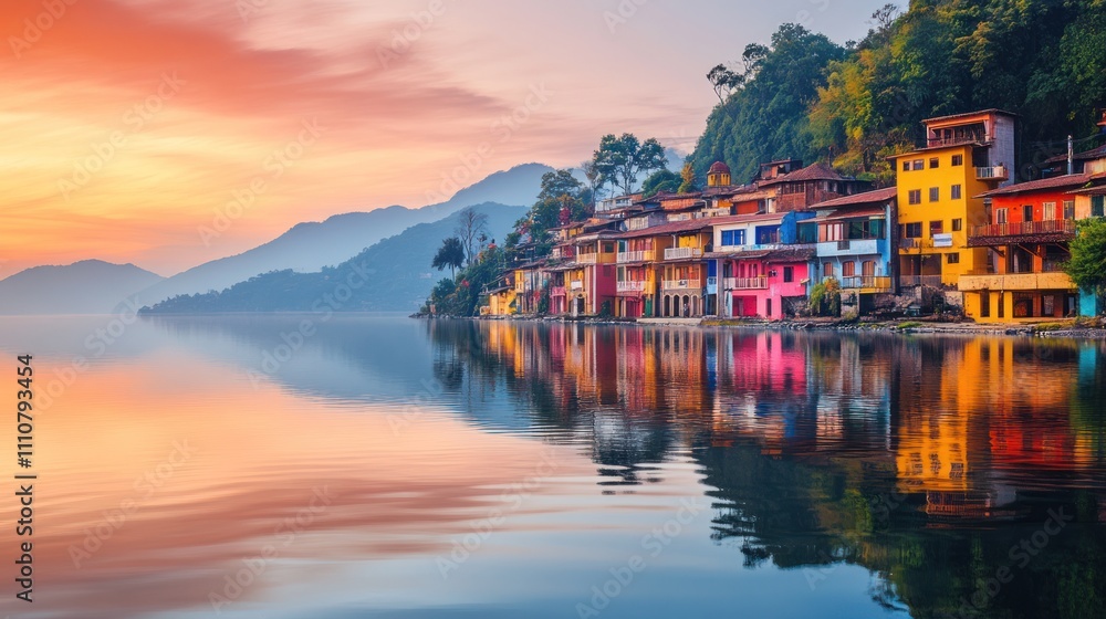 Fototapeta premium Colorful houses reflected in calm lake at sunrise.