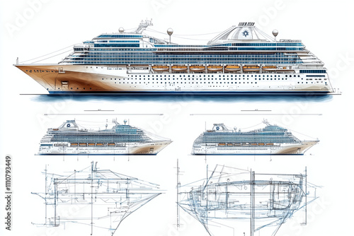 Isolated blue print of cruise ship isolated on white background in a flat style. Blue print, sketch style, for cargo ship, high quality, side view	 photo