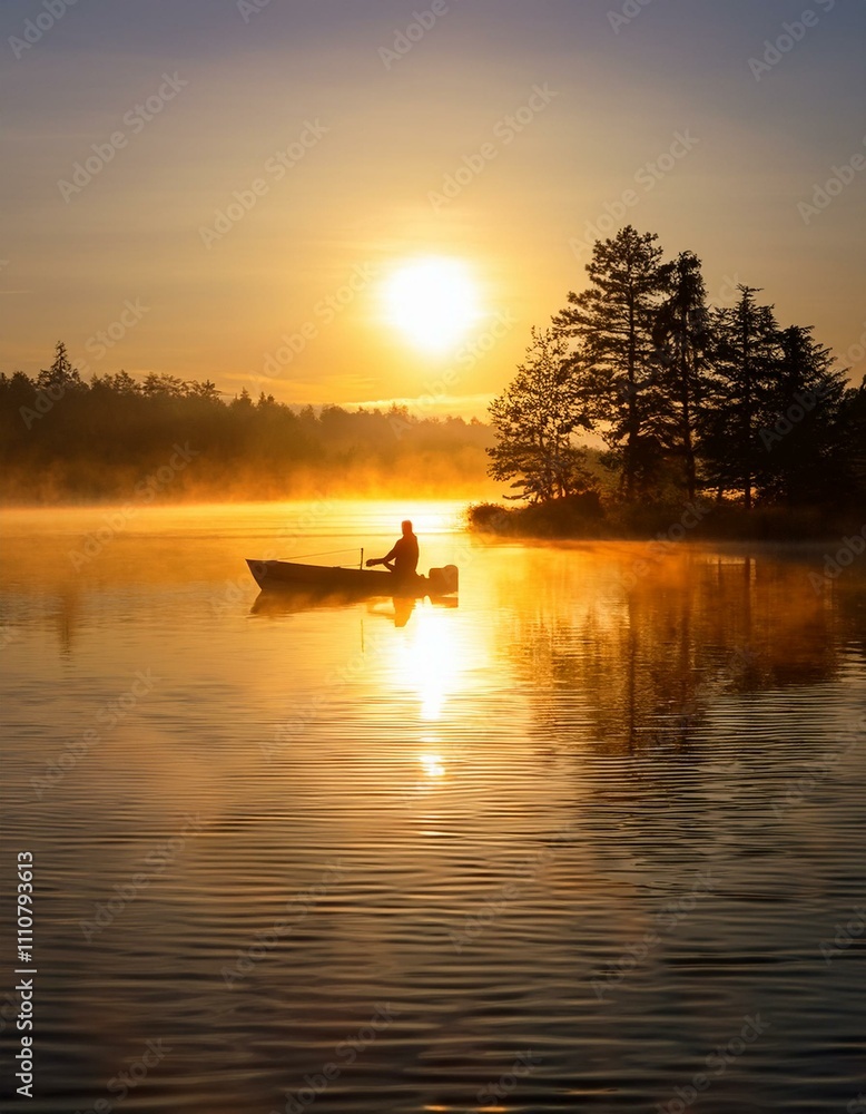 A sunrise over a tranquil lake with mist - the water reflecting the golden sky A sunrise over a tranquil lake with mist - the water reflecting the golden sky
