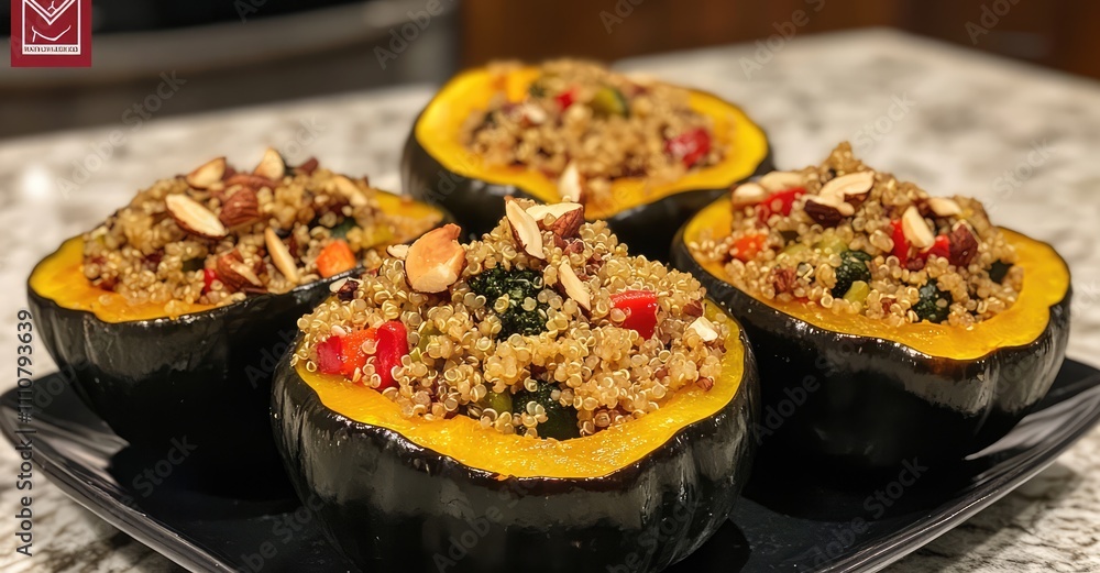 Stuffed Acorn Squash with Quinoa and Vegetables. AI generated illustration. Stuffed Acorn Squash with Quinoa and Vegetables. AI generated illustration.