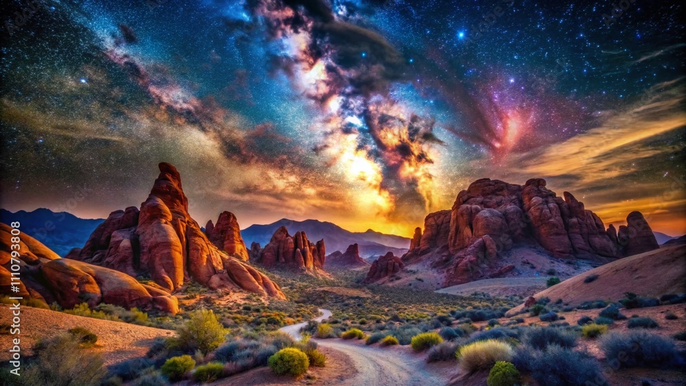 Fototapeta premium Stunning Night Starry Sky with Rising Milky Way Over the Valley of Fire, Capturing Breathtaking Natural Beauty and Celestial Wonders in a Vibrant Landscape