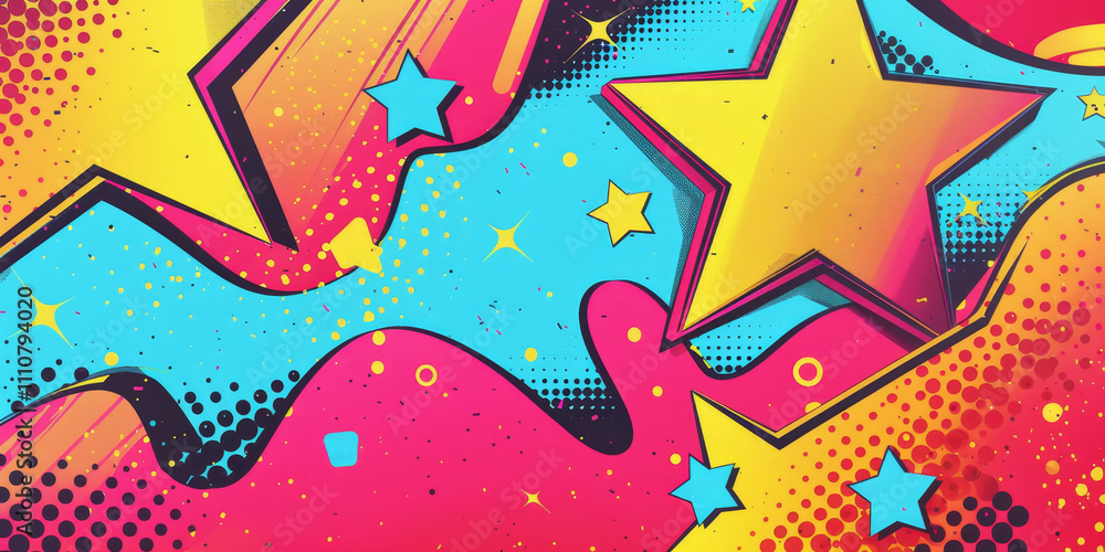 Obraz premium Star with pop art effect. Vintage burst backdrop. Halftone flash party pattern with copy space. Bright explosion background. Cartoon popart wallpaper with copyspace