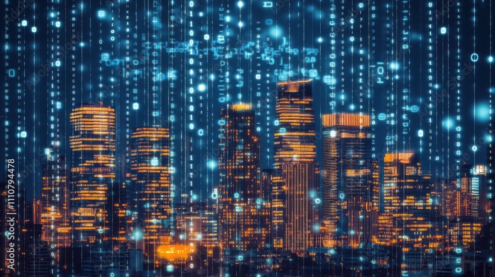 Digital Data Rain Over Modern City Skyline at Night Digital Data Rain Over Modern City Skyline at Night