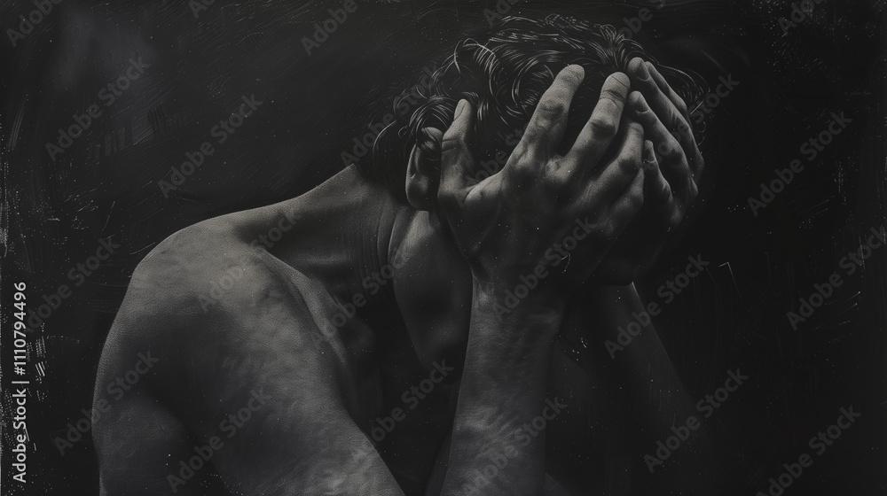 Man covering face in despair, black and white image. Man covering face in despair, black and white image.
