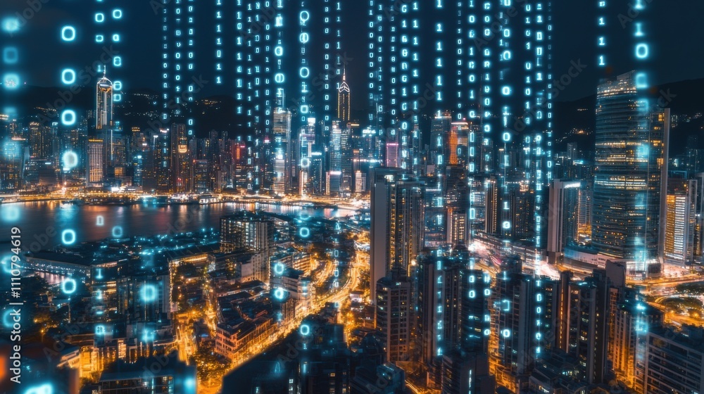 Urban Cityscape with Digital Data Overlay at Nighttime View Urban Cityscape with Digital Data Overlay at Nighttime View