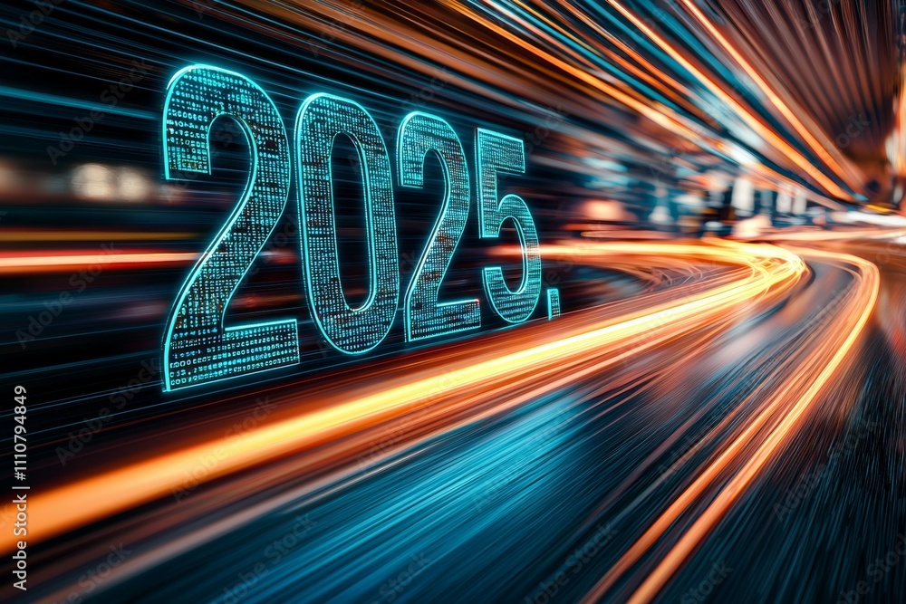 Futuristic high-speed tunnel with digital 2025 artwork and dynamic light trails Futuristic high-speed tunnel with digital 2025 artwork and dynamic light trails