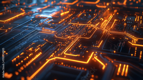 a circuit board with technology concept glowing lines, Digital Technology Network Data and Communication background with neon light effect, illustrating the seamless fusion of advanced engineering.