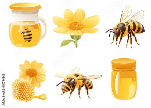 honey and bees set vector illustration