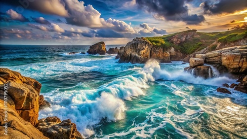Stunning Portrait of a Serene Seascape with Vivid Blue Waters and Waves Crashing Against Rocky Shoreline, Capturing the Beauty of Nature's Coastal Splendor