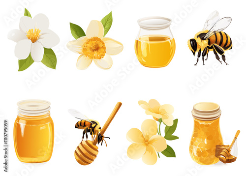honey and bees and honey in a jar and spoon