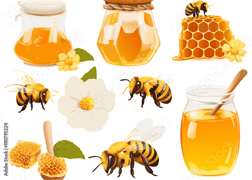 Close-up of bees on honeycomb and honey jar