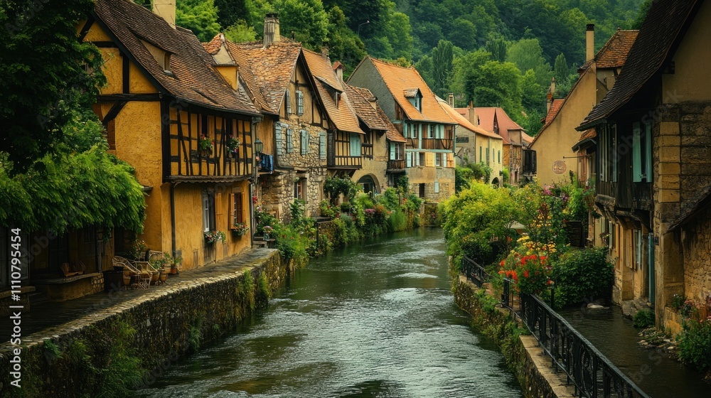 Picturesque river flowing through a charming village with colorful half-timbered houses and lush greenery. Picturesque river flowing through a charming village with colorful half-timbered houses and lush greenery.