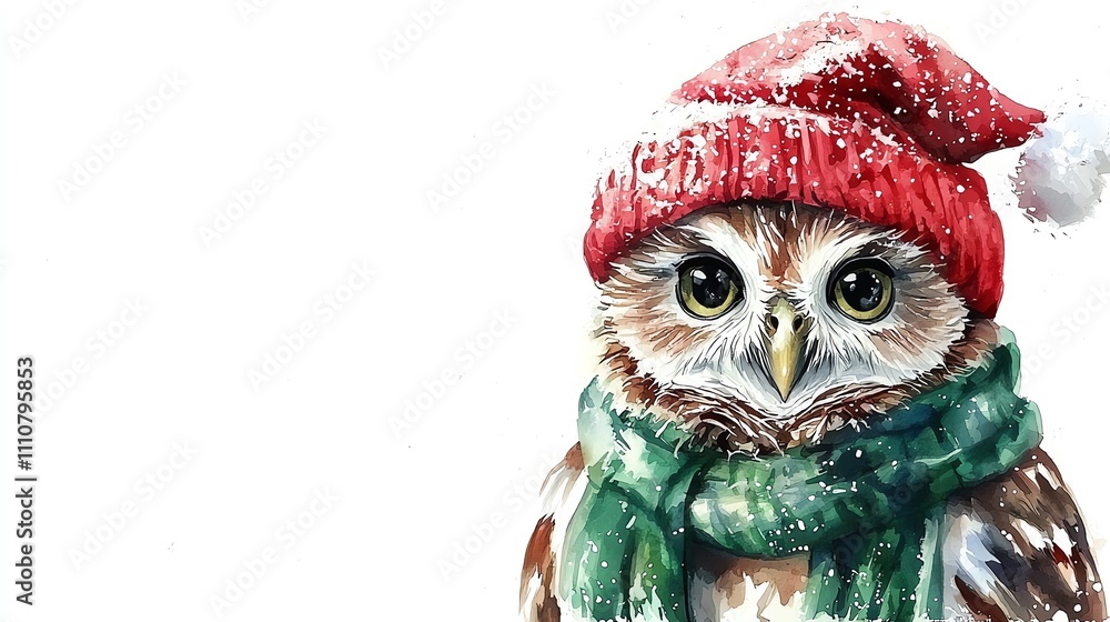 Watercolor owl wearing a red Christmas hat and a green scarf, on a white background Watercolor owl wearing a red Christmas hat and a green scarf, on a white background