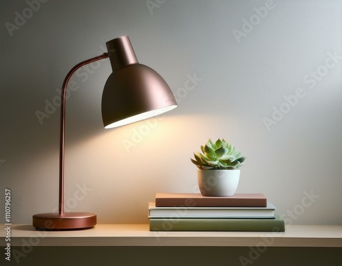 Wallpaper Mural aesthetic arrangement of a lamp, books, and a succulent plant on a minimalist shelf Torontodigital.ca