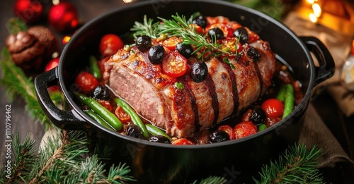 Baked Pork with Tomatoes and Green Beans. AI generated illustration.