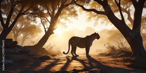 Leopard's silhouette emerging from a shaded area into a bright sunny landscape with a dramatic effect, predator, savannah, Africa, wildlife art, shadows photo