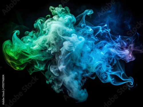 Stunning Silhouette of Blue and Green Smoke Clouds Against a Black Isolated Background, Capturing the Ethereal Beauty of Vape Artistry in Striking Contrast